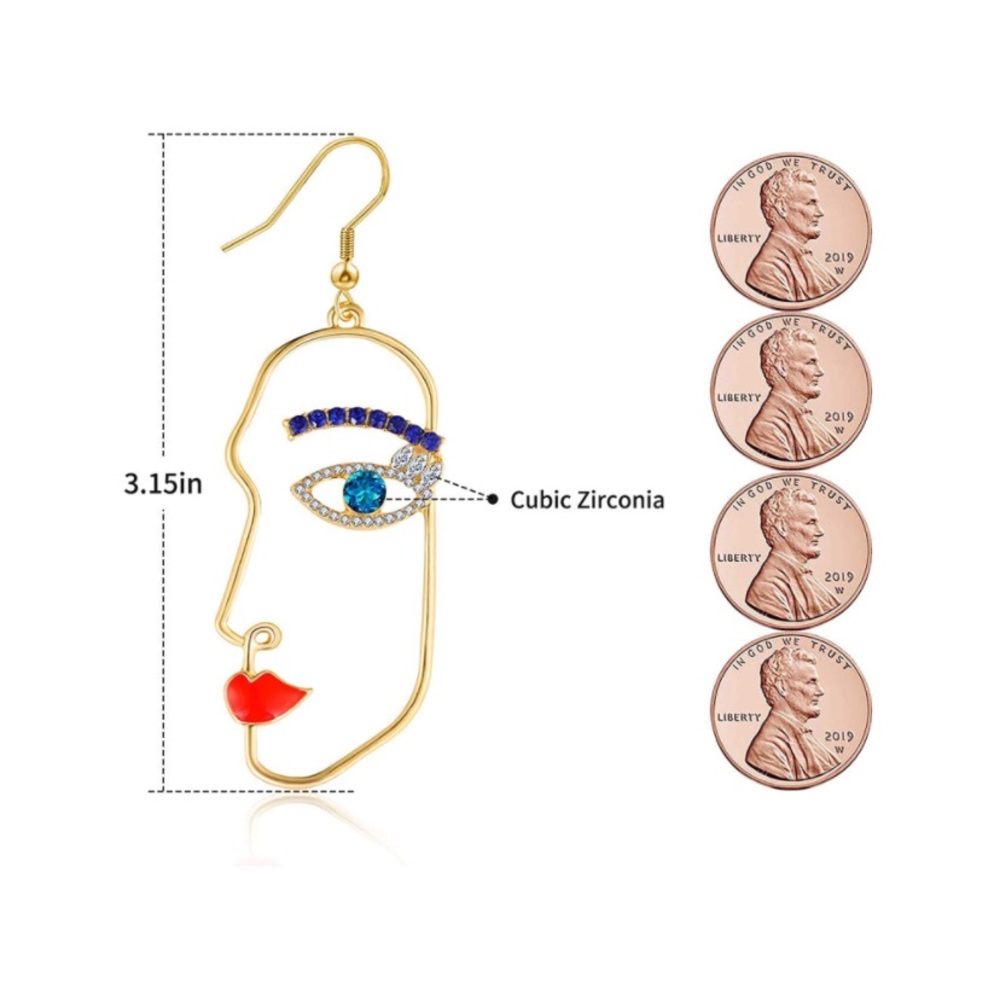 Abstract Art Human Face Dangle Earring with Cubic Zirconia Stone - Picture 6 of 6